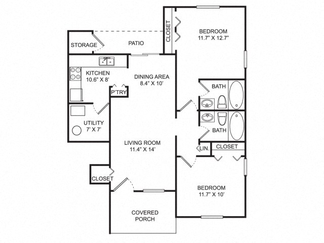 Floor plan for 2 beds, 2 baths, 954 sqft